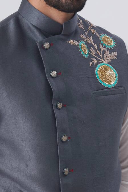Gaurav Katta_Grey Italian Cotton Embroidered Bundi _at_Aza_Fashions
