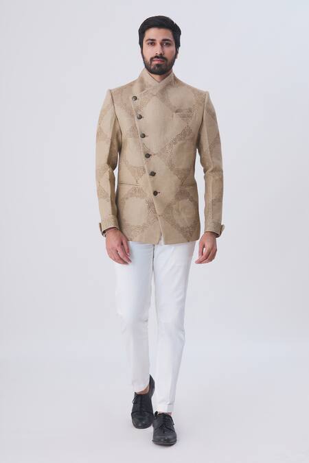 Shop Gaurav Katta Brown Silk Jute Printed Bandhgala Online at Aza Fashions Shop_Gaurav Katta_Brown Silk Jute Printed Bandhgala _Online_at_Aza_Fashions