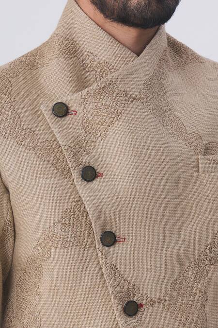 Gaurav Katta Brown Silk Jute Printed Bandhgala at Aza Fashions Gaurav Katta_Brown Silk Jute Printed Bandhgala _at_Aza_Fashions