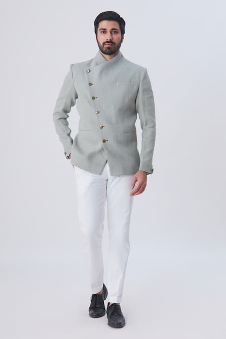 Shop_Gaurav Katta_Grey Silk Jute Overlap Bandhgala _Online_at_Aza_Fashions