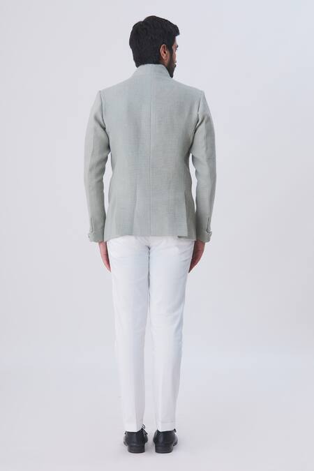 Shop_Gaurav Katta_Grey Silk Jute Overlap Bandhgala _at_Aza_Fashions