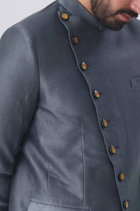 Gaurav Katta_Grey Italian Cotton Overlap Bandhgala _at_Aza_Fashions