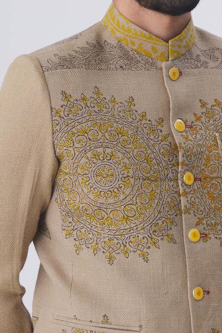 Gaurav Katta_Brown Silk Jute Printed Bandhgala _at_Aza_Fashions