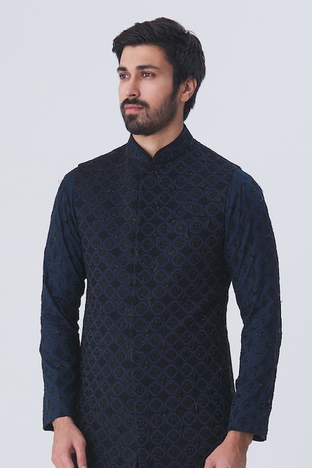 Kommal Sood Blue Cotton Silk Jacquard Bundi And Kurta Set  