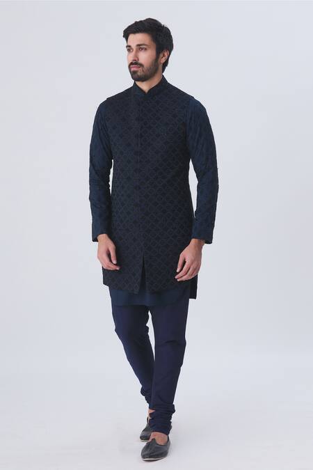 Kommal Sood_Blue Cotton Silk Jacquard Bundi And Kurta Set  _Online_at_Aza_Fashions