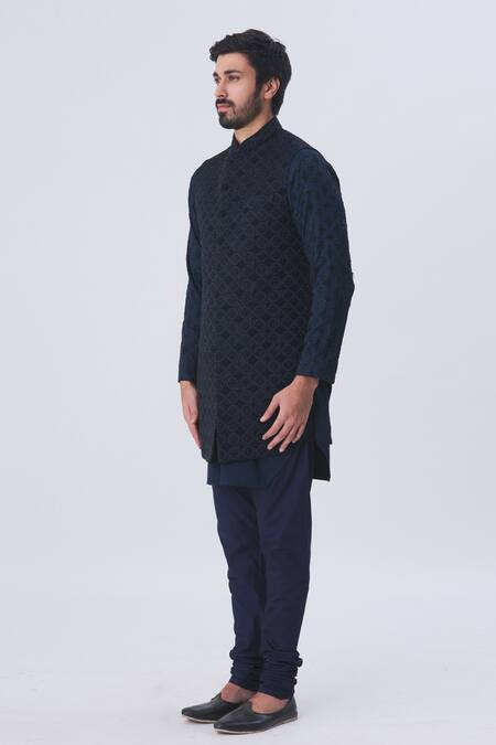 Buy_Kommal Sood_Blue Cotton Silk Jacquard Bundi And Kurta Set  _Online_at_Aza_Fashions
