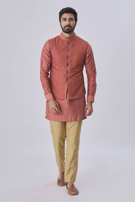 Kunal Anil Tanna Pink Spun Silk Textured Bundi And Kurta Set Online at Aza Fashions Kunal Anil Tanna_Pink Spun Silk Textured Bundi And Kurta Set _Online_at_Aza_Fashions