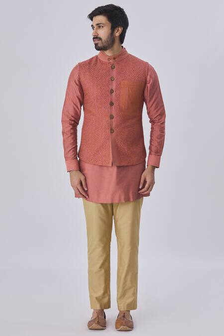 Buy Kunal Anil Tanna Pink Spun Silk Textured Bundi And Kurta Set Online at Aza Fashions Buy_Kunal Anil Tanna_Pink Spun Silk Textured Bundi And Kurta Set _Online_at_Aza_Fashions