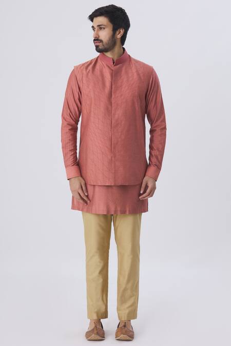 Buy Kunal Anil Tanna Pink Spun Silk Textured Bundi And Kurta Set Online at Aza Fashions Buy_Kunal Anil Tanna_Pink Spun Silk Textured Bundi And Kurta Set _Online_at_Aza_Fashions