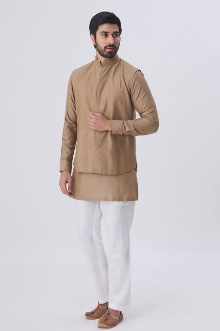 Kunal Anil Tanna Beige Spun Silk Textured Bundi And Kurta Set Online at Aza Fashions Kunal Anil Tanna_Beige Spun Silk Textured Bundi And Kurta Set _Online_at_Aza_Fashions