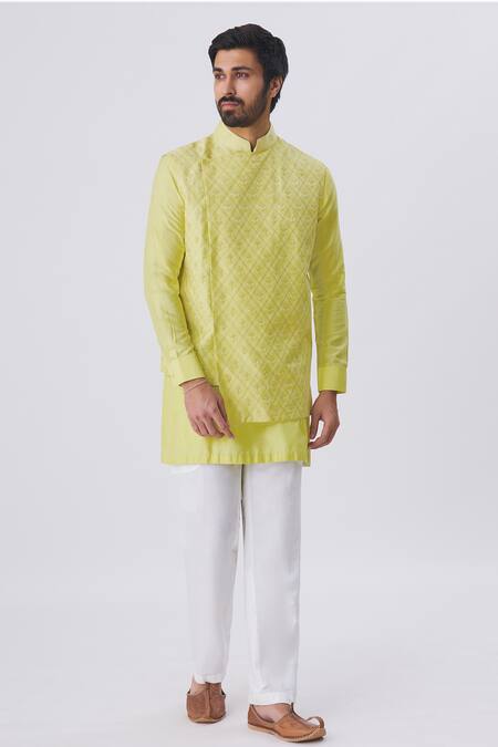 Kunal Anil Tanna Yellow Spun Silk Embroidered Bundi And Kurta Set Online at Aza Fashions Kunal Anil Tanna_Yellow Spun Silk Embroidered Bundi And Kurta Set _Online_at_Aza_Fashions