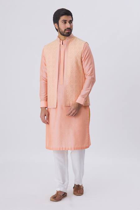 Kunal Anil Tanna Peach Spun Silk Embroidered Bundi And Kurta Set Online at Aza Fashions Kunal Anil Tanna_Peach Spun Silk Embroidered Bundi And Kurta Set _Online_at_Aza_Fashions
