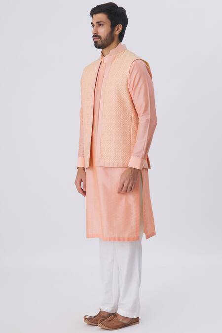Buy Kunal Anil Tanna Peach Spun Silk Embroidered Bundi And Kurta Set Online at Aza Fashions Buy_Kunal Anil Tanna_Peach Spun Silk Embroidered Bundi And Kurta Set _Online_at_Aza_Fashions