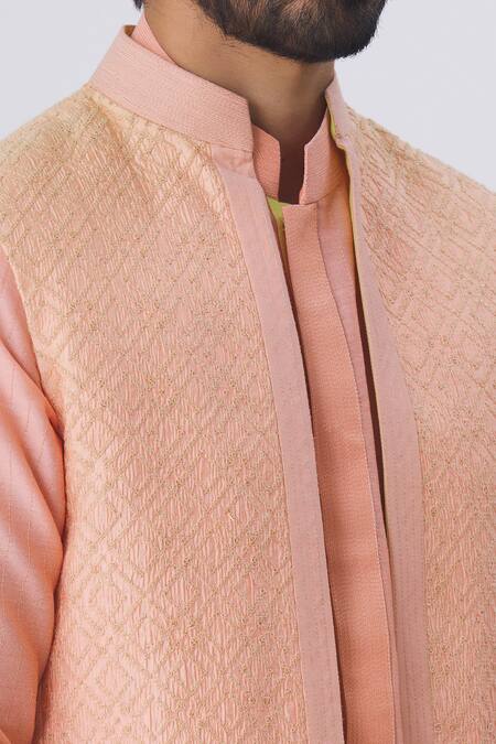 Kunal Anil Tanna Peach Spun Silk Embroidered Bundi And Kurta Set at Aza Fashions Kunal Anil Tanna_Peach Spun Silk Embroidered Bundi And Kurta Set _at_Aza_Fashions