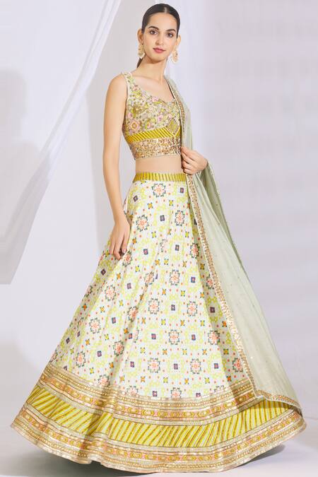 Blue Lotus Design White Printed Lehenga Set 