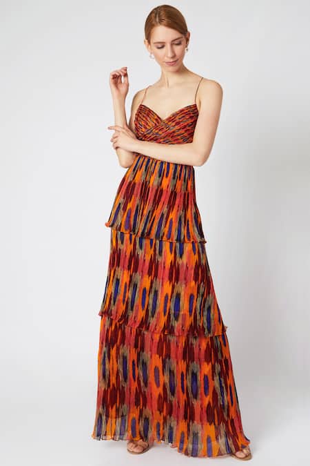 Saaksha & Kinni_Multi Color Chiffon V Neck Layered Maxi Dress_Online_at_Aza_Fashions