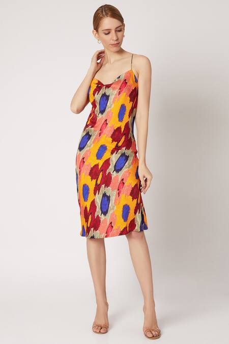 Saaksha & Kinni_Multi Color Satin Sweetheart Neck Printed Midi Dress_Online_at_Aza_Fashions
