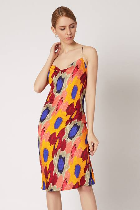 Buy_Saaksha & Kinni_Multi Color Satin Sweetheart Neck Printed Midi Dress_Online_at_Aza_Fashions