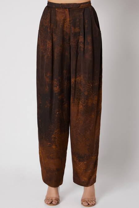 Saaksha & Kinni_Brown Satin Printed Trousers_Online_at_Aza_Fashions