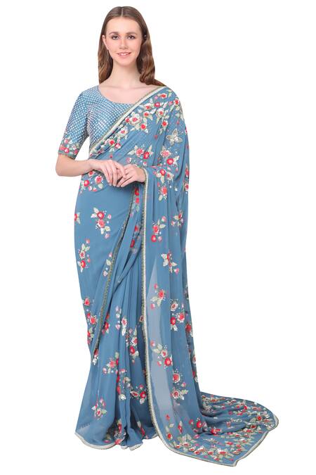 SUMMER BY PRIYANKA GUPTA Blue Georgette Embellished Saree With Blouse