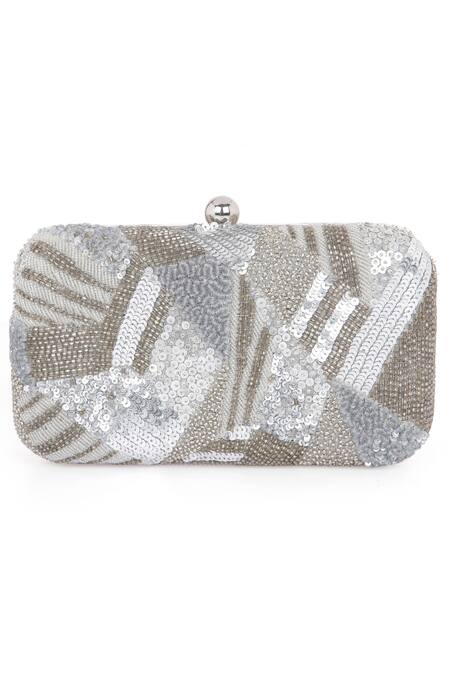 Ara Studio_Silver Sequins, Bugle Beads Embellished Clutch_Online_at_Aza_Fashions