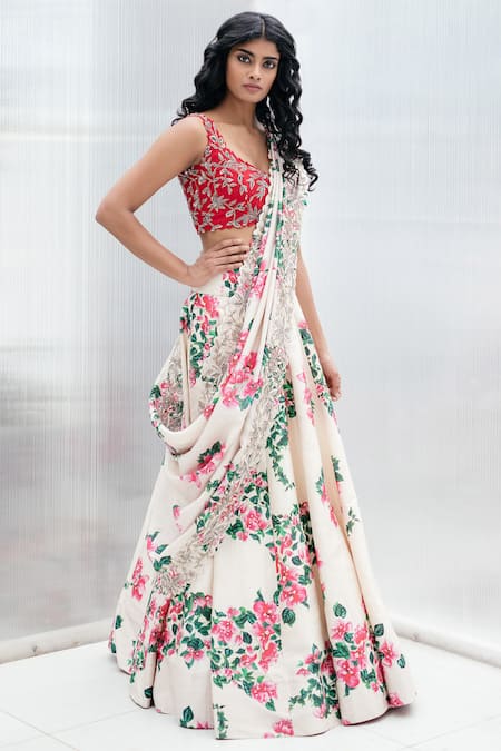 Mrunalini Rao White Raw Silk Printed Lehenga Set