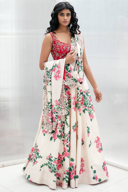 Shop_Mrunalini Rao_White Raw Silk Printed Lehenga Set_at_Aza_Fashions