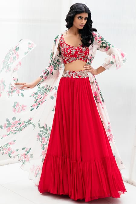 Mrunalini Rao Red Chiffon Printed Jacket Lehenga Set