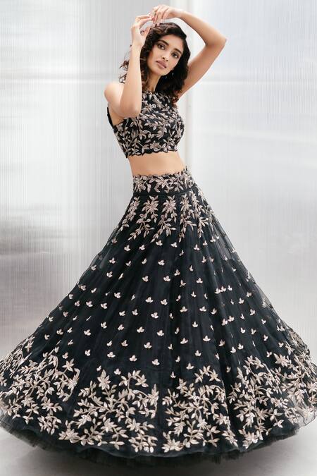 Mrunalini Rao Black Raw Silk Hand Embroidered Lehenga Set