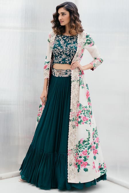 Mrunalini Rao Green Chiffon Printed Jacket Lehenga Set