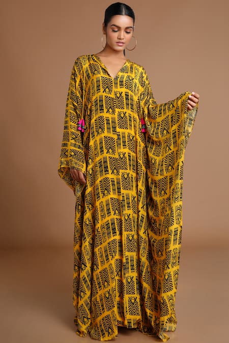 Masaba Yellow Crepe Printed Kaftan