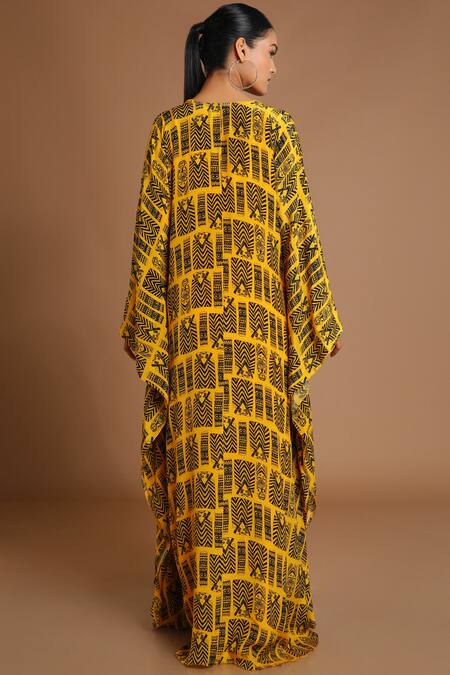 Shop_Masaba_Yellow Crepe Printed Kaftan_at_Aza_Fashions