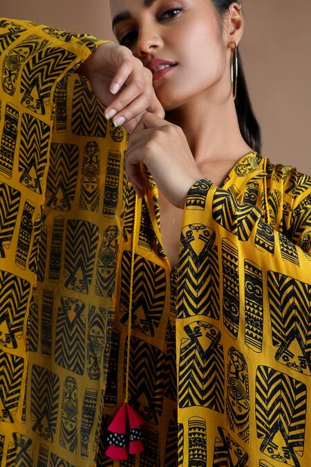 Buy_Masaba_Yellow Crepe Printed Kaftan_Online_at_Aza_Fashions