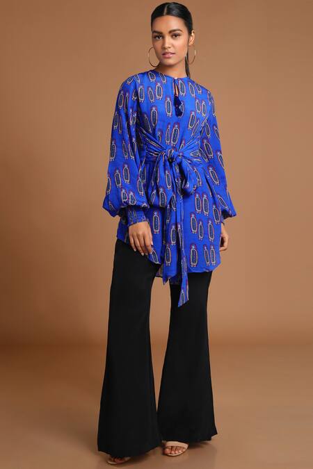 Masaba_Blue Crepe Printed Asymmetric Tunic_Online_at_Aza_Fashions