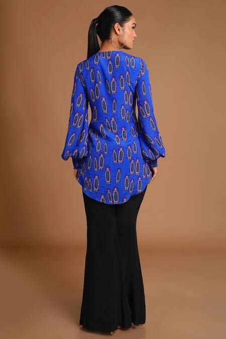 Shop_Masaba_Blue Crepe Printed Asymmetric Tunic_at_Aza_Fashions