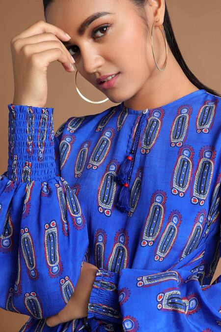 Buy_Masaba_Blue Crepe Printed Asymmetric Tunic_Online_at_Aza_Fashions