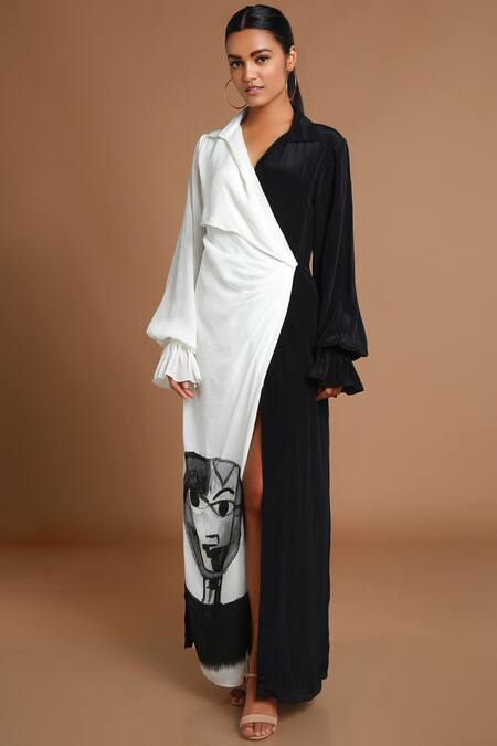 Masaba Black Crepe Spread Collar Color Block Dress Online at Aza Fashions Masaba_Black Crepe Spread Collar Color Block Dress_Online_at_Aza_Fashions