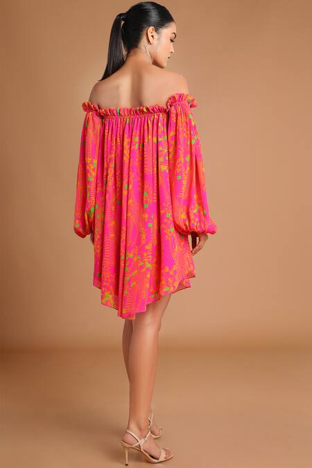 Shop Masaba Pink Crepe Printed Off Shoulder Dress at Aza Fashions Shop_Masaba_Pink Crepe Printed Off Shoulder Dress_at_Aza_Fashions