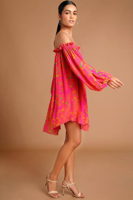 Buy Masaba Pink Crepe Printed Off Shoulder Dress Online at Aza Fashions Buy_Masaba_Pink Crepe Printed Off Shoulder Dress_Online_at_Aza_Fashions