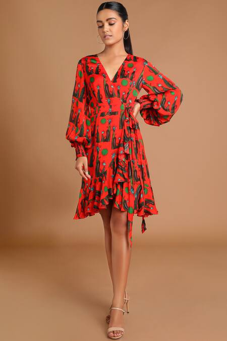 Buy_Masaba_Red Chinon Chiffon V Neck Printed Wrap Dress_Online_at_Aza_Fashions