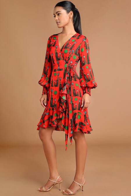 Shop_Masaba_Red Chinon Chiffon V Neck Printed Wrap Dress_Online_at_Aza_Fashions