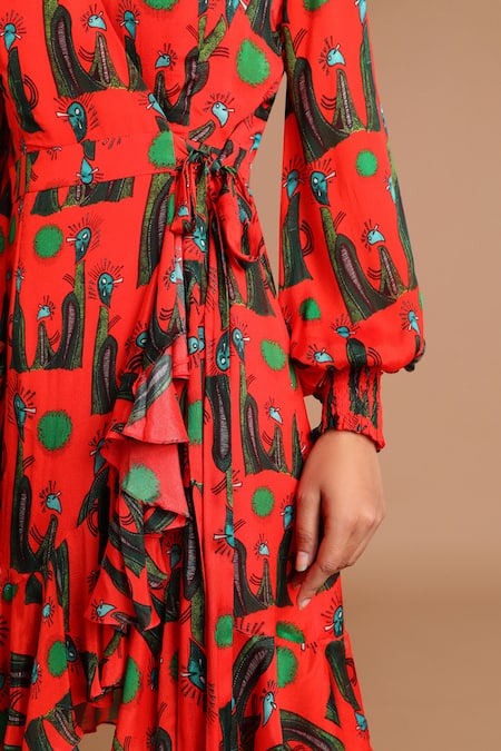 Masaba_Red Chinon Chiffon V Neck Printed Wrap Dress_at_Aza_Fashions