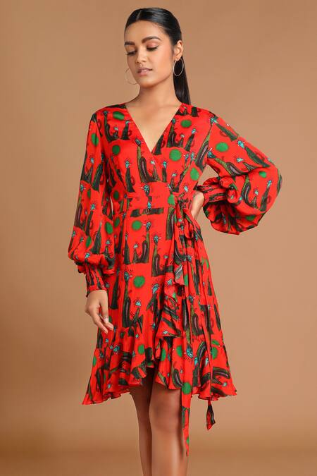 Masaba_Red Chinon Chiffon V Neck Printed Wrap Dress_Online_at_Aza_Fashions