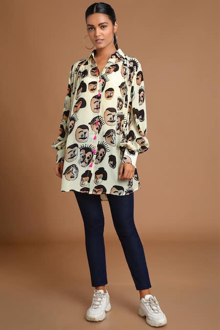 Masaba White Crepe Stand Collar Printed Shirt Online at Aza Fashions Masaba_White Crepe Stand Collar Printed Shirt_Online_at_Aza_Fashions