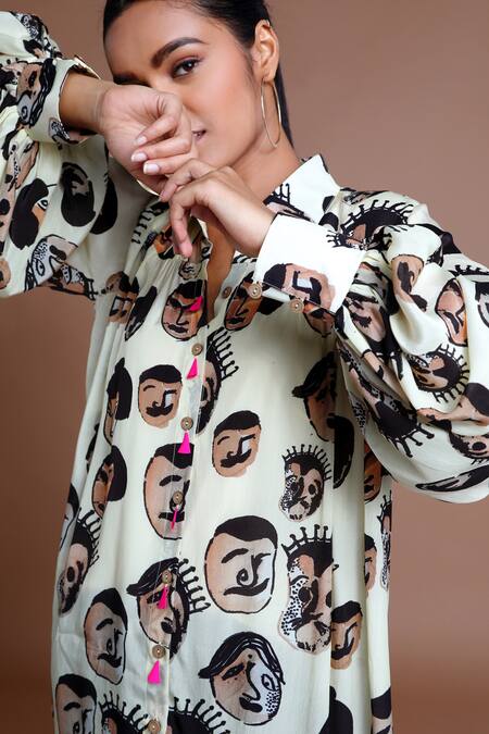 Buy Masaba White Crepe Stand Collar Printed Shirt Online at Aza Fashions Buy_Masaba_White Crepe Stand Collar Printed Shirt_Online_at_Aza_Fashions