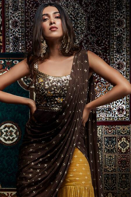 Salian By Anushree Yellow Modal Satin Round Foil Printed Sharara Set Online at Aza Fashions Salian By Anushree_Yellow Modal Satin Round Foil Printed Sharara Set_Online_at_Aza_Fashions