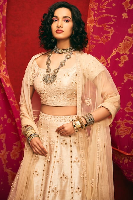 Shop_Nadima Saqib_Peach Raw Silk U Neck Embroidered Lehenga Set _at_Aza_Fashions