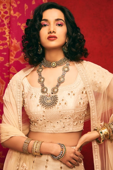 Nadima Saqib_Peach Raw Silk U Neck Embroidered Lehenga Set _Online_at_Aza_Fashions