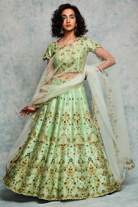 Nadima Saqib Green Raw Silk, Tulle Net Leaf Neck Embroidered Lehenga Set 
