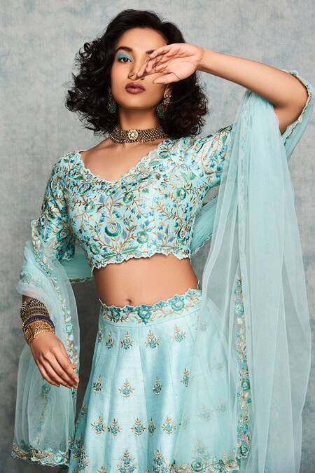 Nadima Saqib Blue Raw Silk, Tulle Net V Neck Embroidered Lehenga Set Online at Aza Fashions Nadima Saqib_Blue Raw Silk, Tulle Net V Neck Embroidered Lehenga Set _Online_at_Aza_Fashions